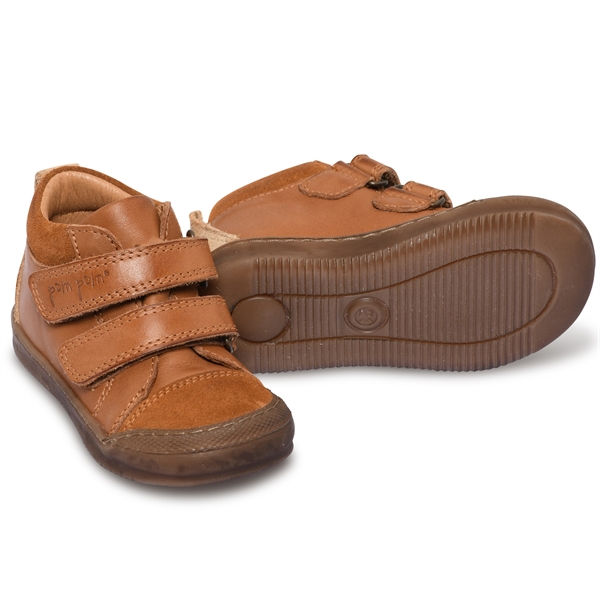 Pom Pom - Læder sneakers små i brun med velcro